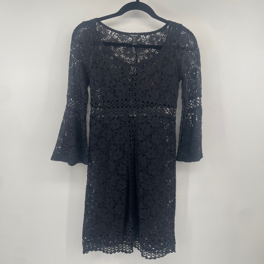 Forever 21 Lace Mini Dress Womens XS Black Bell Sleeve Scoop Neck Boho